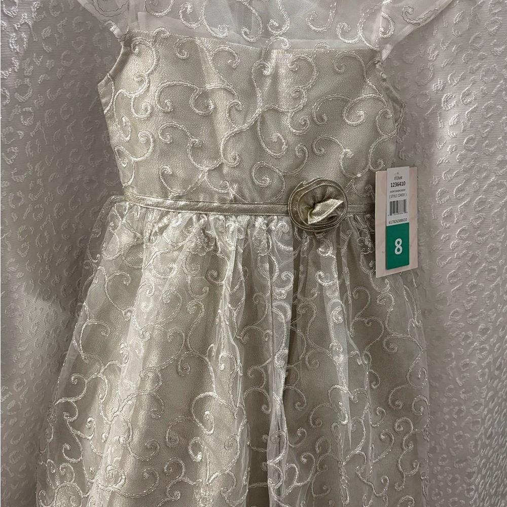 Jona Michelle Cream Kids Dress with Swirl Embroidery